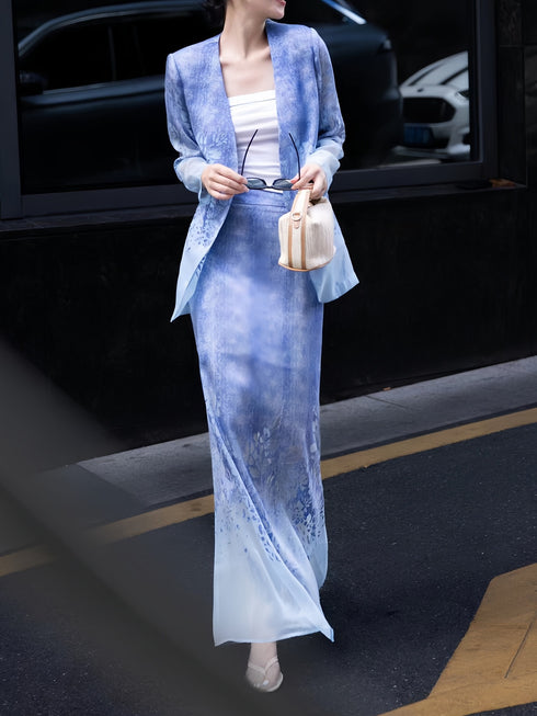 Designer Burnout Floral Collarless Blazer & Gradient Maxi Skirt Set – Elegant Tailored Two‑Piece Suit