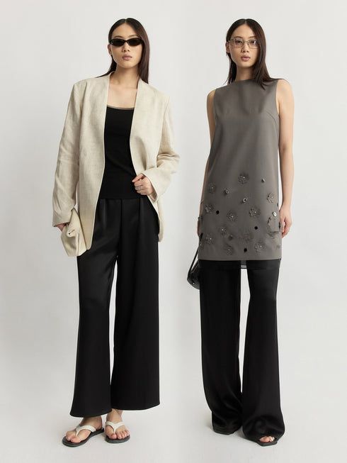 Japanese Triacetate Luminous Double-Satin Wide-Leg Pants - Elastic Waist Airy Draped Trousers
