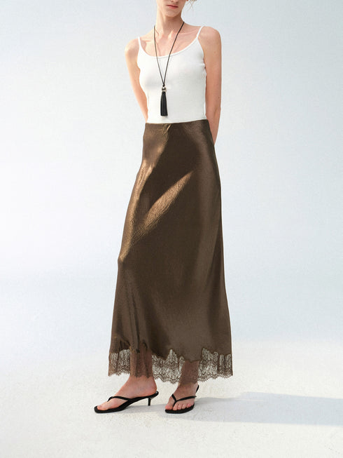 Acetate Satin U-Neck Tank & Lace-Trim Bias-Cut Maxi Skirt Set – Minimalist Luxury Slip Ensemble
