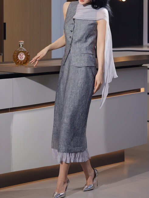 Old Money Style Sheer Scarf V-Neck Waist-Cinched Vest & Midi Skirt Set – Elegant Tailored Two‑Piece Suit