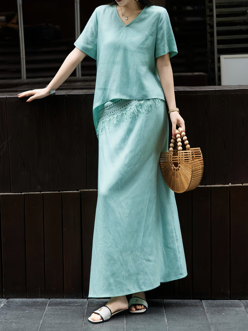 100% Linen Embroidered Lace Two‑Piece Set – Summer Side‑Tie Top and Maxi Skirt