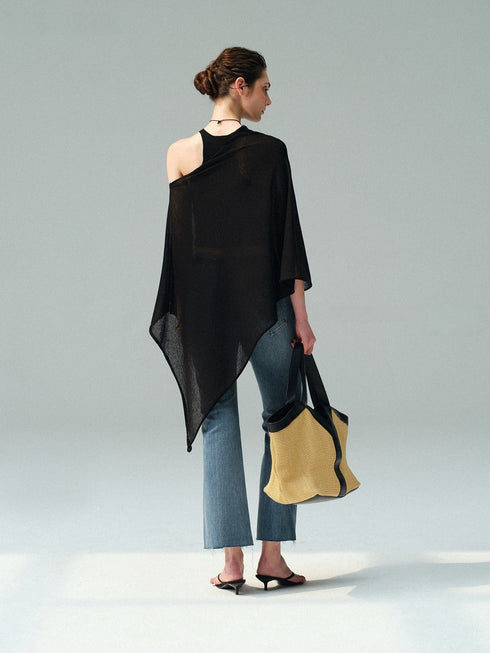 Linen-Blend Sheer Asymmetric Knit Cape – Multi-Way Lightweight Draped Poncho
