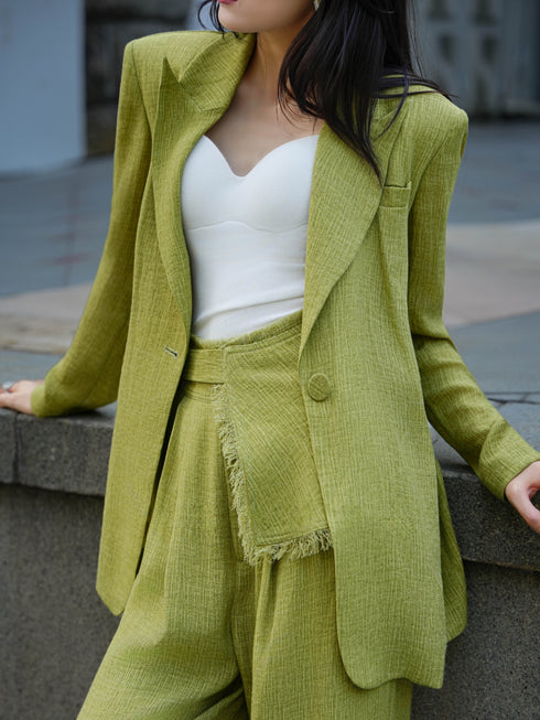 Relaxed Tailored Blazer & Wide-Leg Pants Set – Textured Viscose Three-Piece Suit with Draped Belt Panel