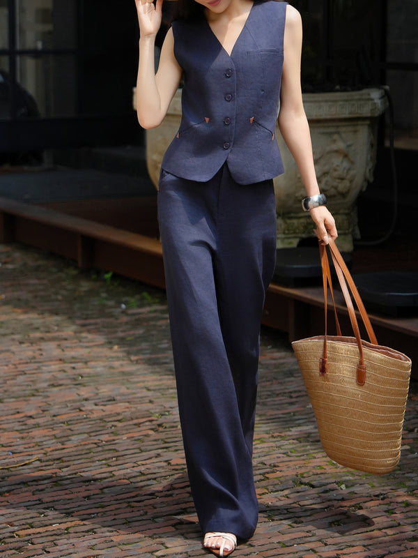 100% Linen Tailored Vest & Wide-Leg Pants Set – Relaxed Minimalist Summer Suit