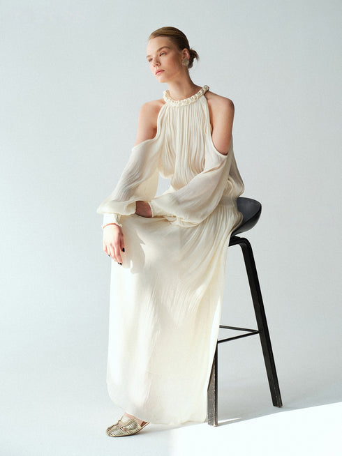Luminous Muse Glossy Island Silk Halter Neck Cutout-Shoulder Pleated Maxi Dress