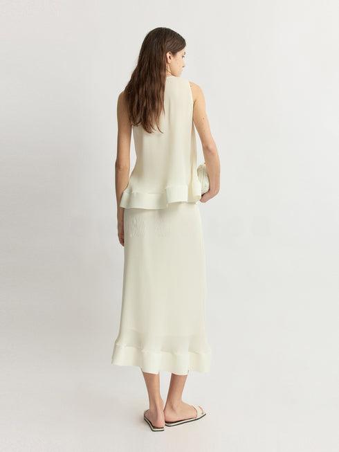 Miyake-Inspired Pleated Petal Sleeveless Top & Midi Skirt Set – Vanilla Cream Sculptural Ensemble