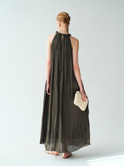 Lustre Island-Silk Pleated Halter Maxi Dress – Hand‑Braided Neckline A‑Line Sleeveless Dress