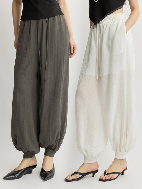Tencel Linen Drawstring Balloon Jogger Pants – Relaxed Luxe Tapered Trousers