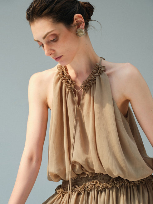 Textured Chiffon Ruffle-Trim Halter Sleeveless Maxi Dress