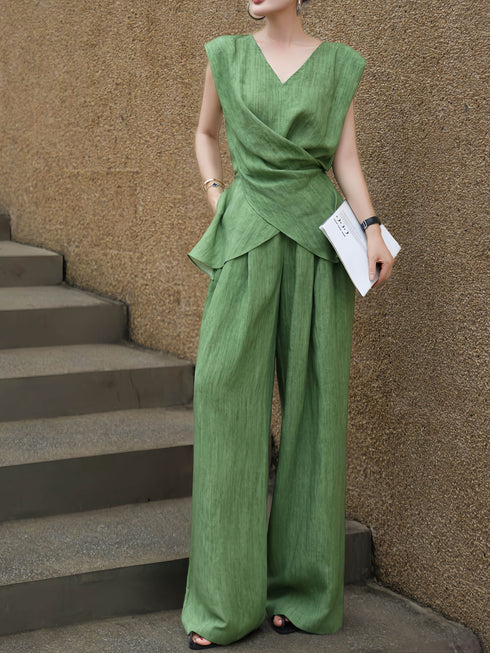 Tencel Linen Wrap V-Neck Top & Wide-Leg Pants Set – Effortless Old-Money Relaxed Two-Piece