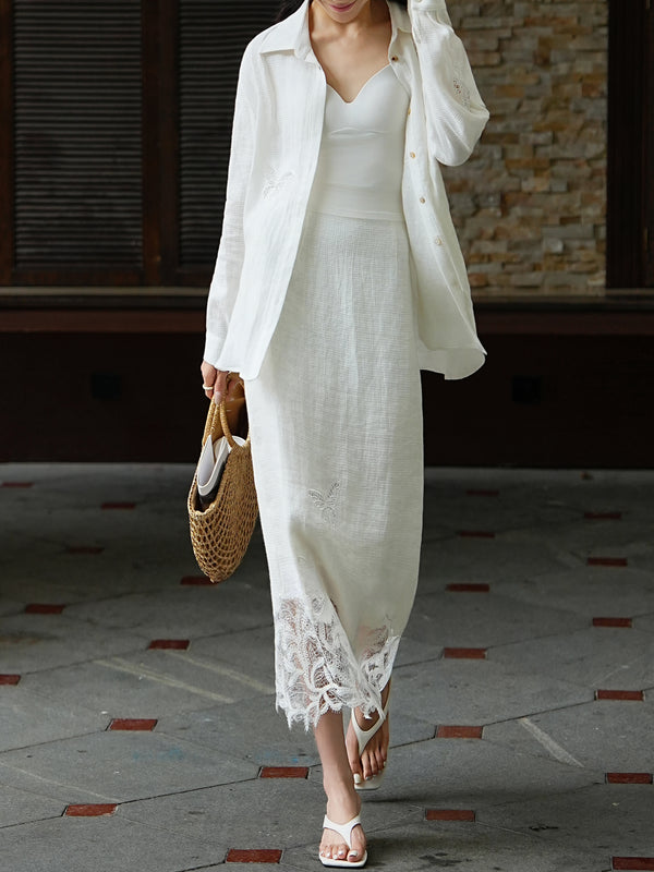 French Vintage Linen Embroidered Shirt & Lace Maxi Skirt Set – Luxury Butterfly Cutwork Summer Ensemble