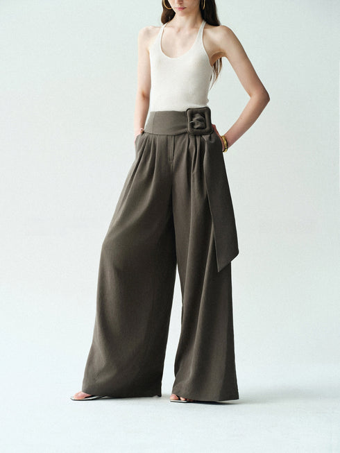 Lyocell-Linen Wide-Belt Wide-Leg Trousers – Vintage Draped Summer Palazzo Pants