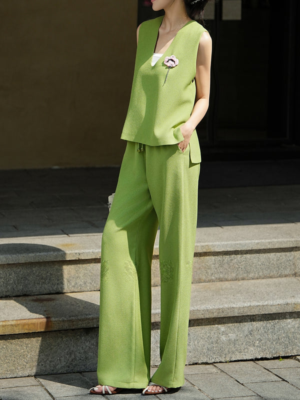 Textured Deep V-Neck Tank & Wide-Leg Pants Set – Minimalist Summer Two-Piece Lounge Suit