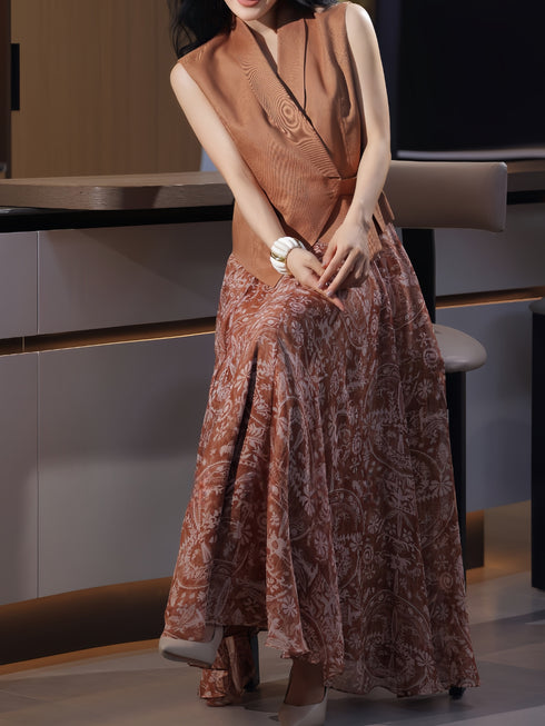 Women's Tailored Wrap Vest & Printed Flowing Skirt Set – Elegant Spring Summer Office Two‑Piece Outfit