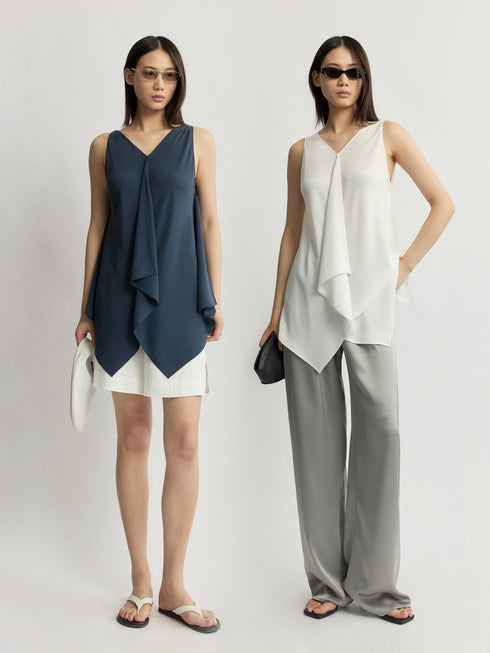 NAIA Acetate Cooling Draped Sleeveless Top - Asymmetric Scarf Blouse