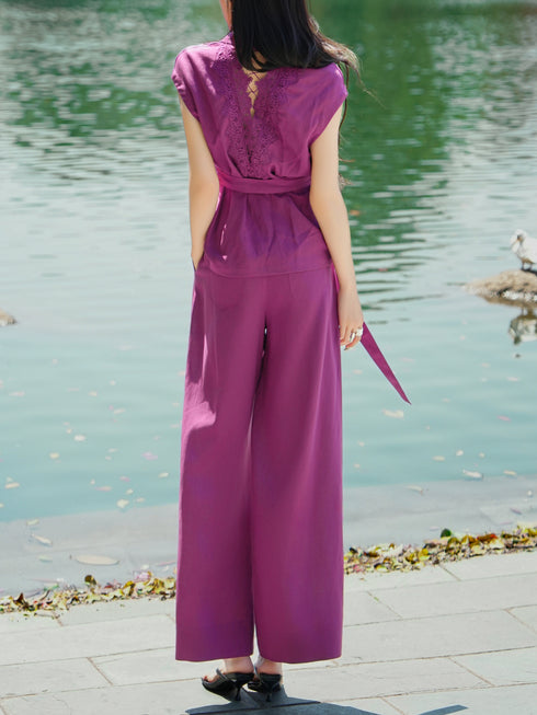 Tencel Linen Belted Vest & Wide-Leg Pants Set – Tailored Sleeveless Shirt and Relaxed Summer Suit