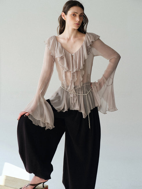 Luxury Cupro-Blend Ruffle V-Neck Blouse – Draped Bell Sleeve Romantic Top