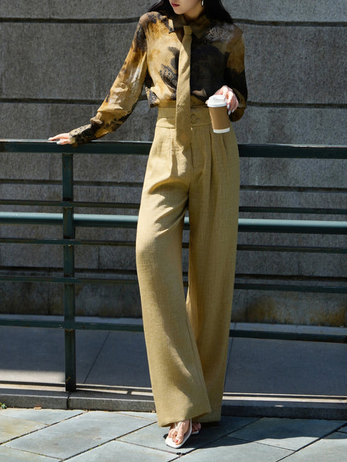 Vintage Printed Silk Blouse with Tie & High-Waist Wide-Leg Trousers Set – Elegant Workwear Ensemble