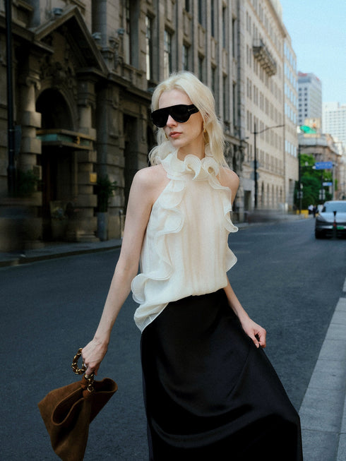 Luxury Cupro-Blend 3D Ruffle Halter Top – Sleeveless Couture Statement Blouse