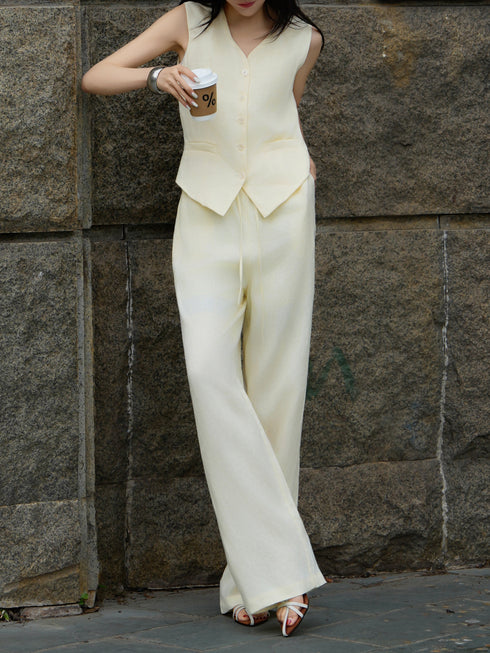 100% Linen Sleeveless Vest & Wide-Leg Pants Set – Minimalist Summer Tailored Two‑Piece