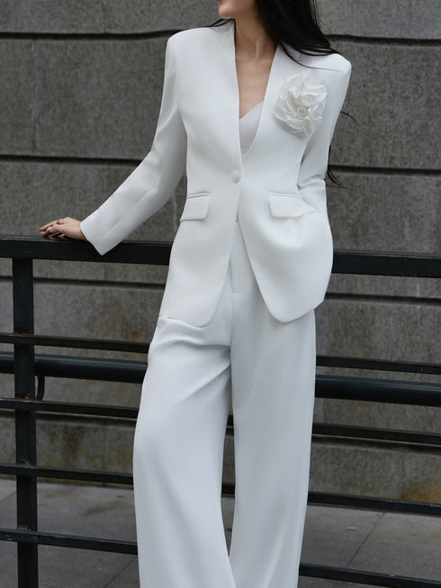 3D Floral Appliqué Tailored Blazer & Wide-Leg Trousers Suit Set – Elegant Office Two‑Piece Ensemble