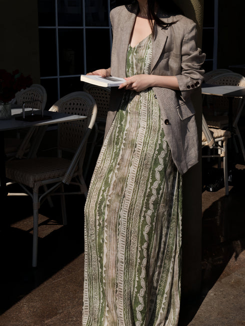 Tencel Linen Printed Slip Maxi Dress – Relaxed Bohemian Contrast-Pattern Spaghetti Strap Dress