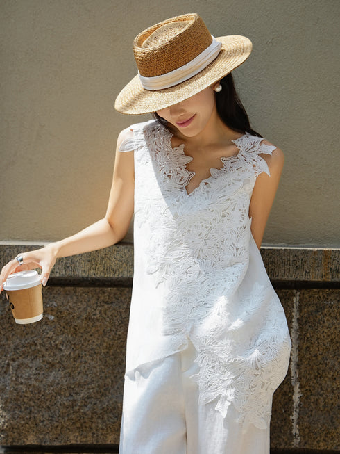 French Lace V-Neck Asymmetric Crochet Top – Elegant Sleeveless Summer Blouse