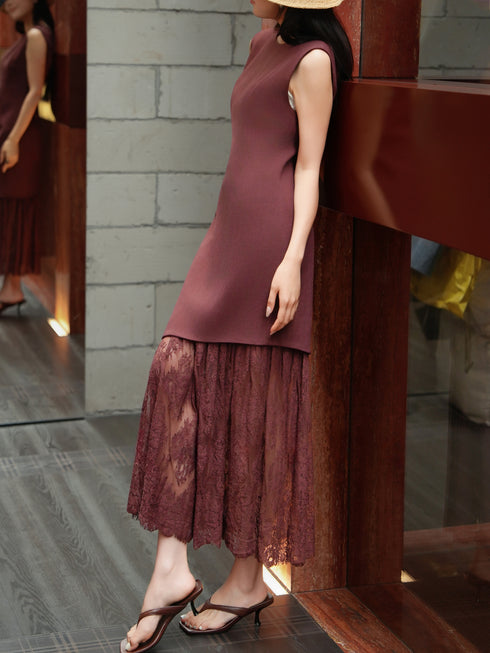 French Elegance Lace Patchwork Sleeveless Maxi Dress – Slim Waist Layered Summer Dress