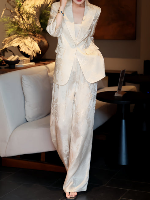 Acetate Jacquard Tailored Blazer & Wide-Leg Pants Suit – Designer Elegant Women’s Two‑Piece Set