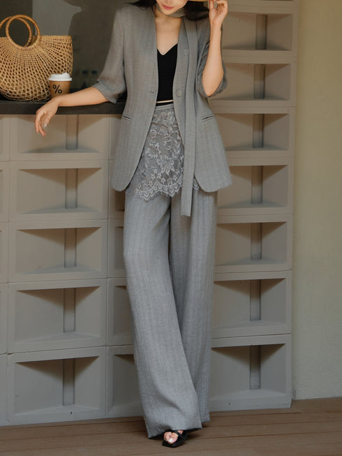 Summer Old Money Lace-Layered Blazer & Wide-Leg Pants Set – Elegant 4‑Piece Linen Lyocell Suit