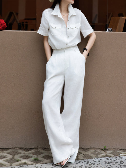 Women's Luxury Linen Two‑Piece Set – Short Sleeve Safari Shirt & Wide‑Leg Trousers