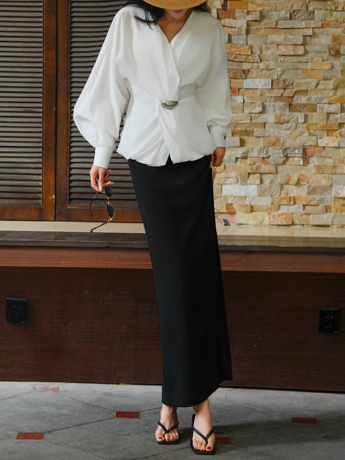 French Batwing Sleeve Cinched-Waist Blouse – Elegant V-Neck Draped Feminine Top