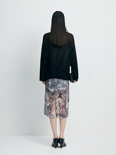 Hand-Beaded Burnout Floral Mesh Layered Midi Skirt - Detachable Double-Layer Sheer Statement Skirt