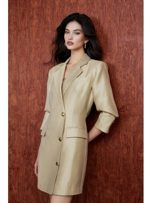 Gold-Thread Iridescent Blazer Dress – Notched Lapel, 3/4 Sleeve, Single-Breasted Waist-Cinching Design