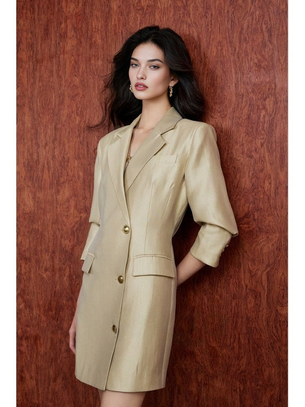 Gold-Thread Iridescent Blazer Dress – Notched Lapel, 3/4 Sleeve, Single-Breasted Waist-Cinching Design