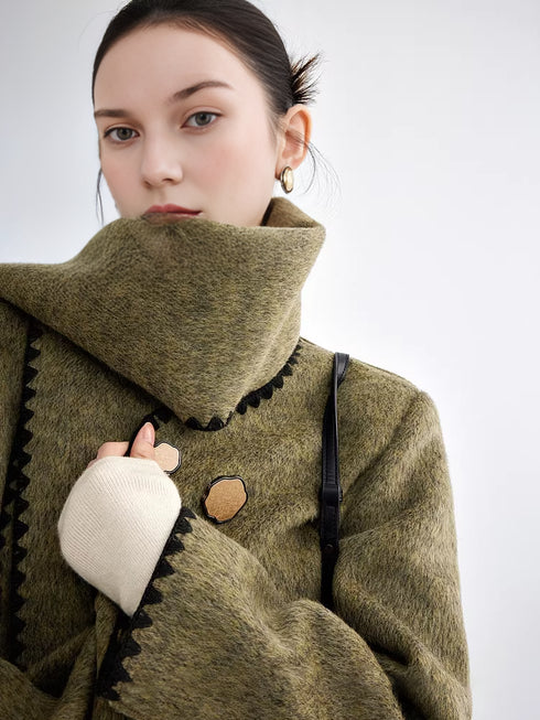 Women's Designer Green Wool Coat with Reversible Scarf – Double-Faced Wool Winter Overcoat