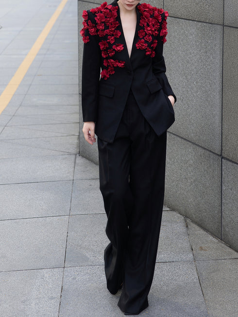 Premium Autumn Blazer Set – 3D Cherry Blossom Jacket with Formal Pants