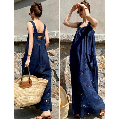 Navy Blue Spaghetti Strap Long Dress for Women – Summer Beach Vacation Style, Hollow Embroidered, High-End Sexy Look