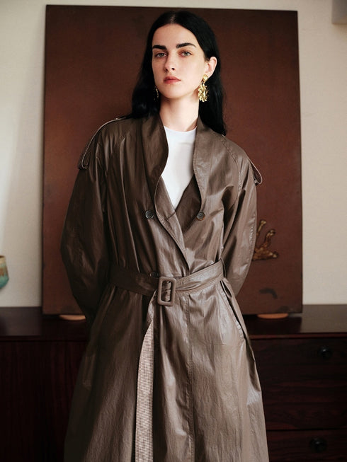 Minimalist Plaid Trench Coat – Lightweight Oil-Wax Cotton Coated Poplin Structured Outerwear