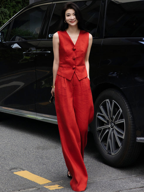 Women’s Linen Two-Piece Set – Rose Button Vest Top & Wide-Leg Pants, Casual Old Money Style