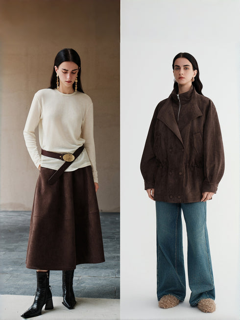 Suede Touch Double-Layer Jacket & Chic Midi Skirt Set – Eco Brushed Fabric