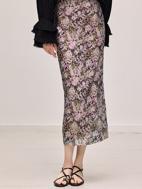 Sheer Acetate Floral Pencil Skirt – Pink High-Waist Midi with Back Slit, Fall Collection
