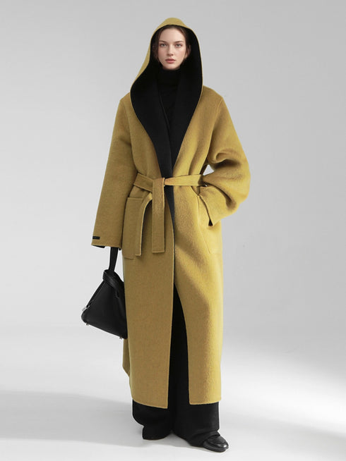 Elegant Double-Faced Tencel Wool Cape Coat for Women – Luxury Hooded Two-Tone Winter Outerwear