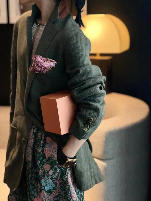 Elegant Autumn Set – Retro Green Jacquard Blazer & Shorts Two-Piece