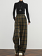 Women's Vintage Plaid Wide-Leg Pants – High-Waist Relaxed Fit Extended Casual Trousers with Elastic Waist