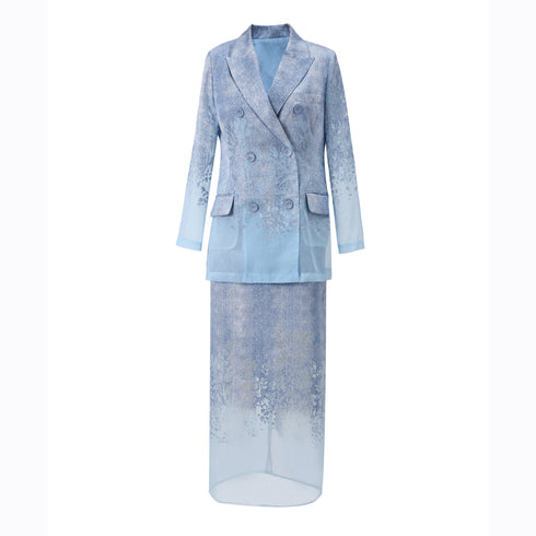 High-End Vintage Jacquard Two-Piece Set – Blue Blazer & Straight Mesh Skirt for Women