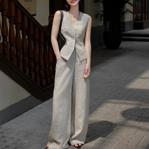 Women’s Summer Linen Two-Piece Set – Minimalist Vest & Wide-Leg Pants, Elegant Commuter Style