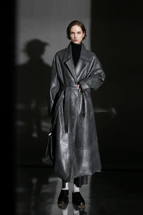 Women’s Sheepskin Leather Trench Coat – Niche Fashion Loose-Fit Mid-Length Stylish Leather Outerwear