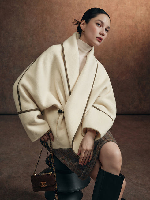 Women's Quiet Luxury Color-Block Wool Coat with Asymmetric Lapel – Oversized Winter Overcoat