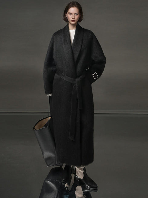 Luxury Suri Alpaca Wool Coat for Women – Double-Faced Winter Fur-Trim Overcoat with Chic Lapel Collar